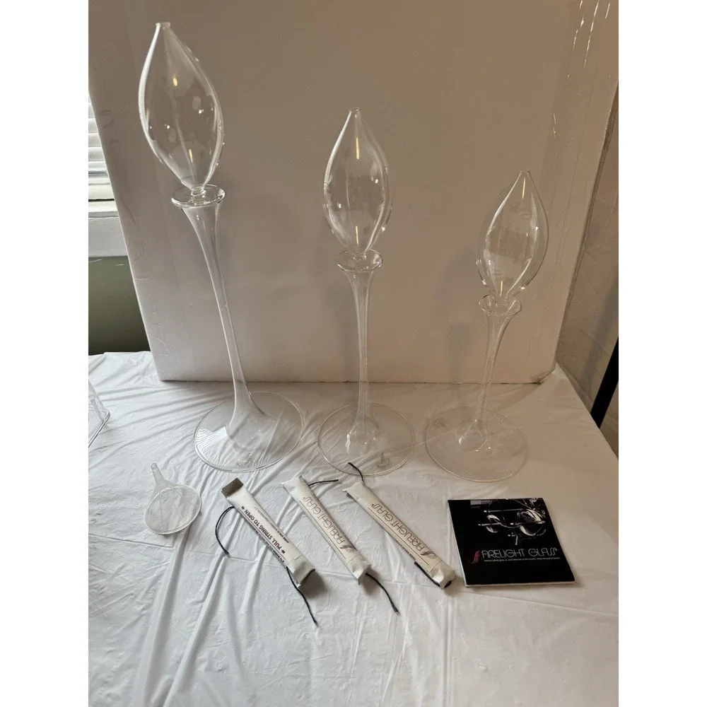 Vintage Firelight Glass Oil Lamp Candle Set 3 Hand Blown Clear  17